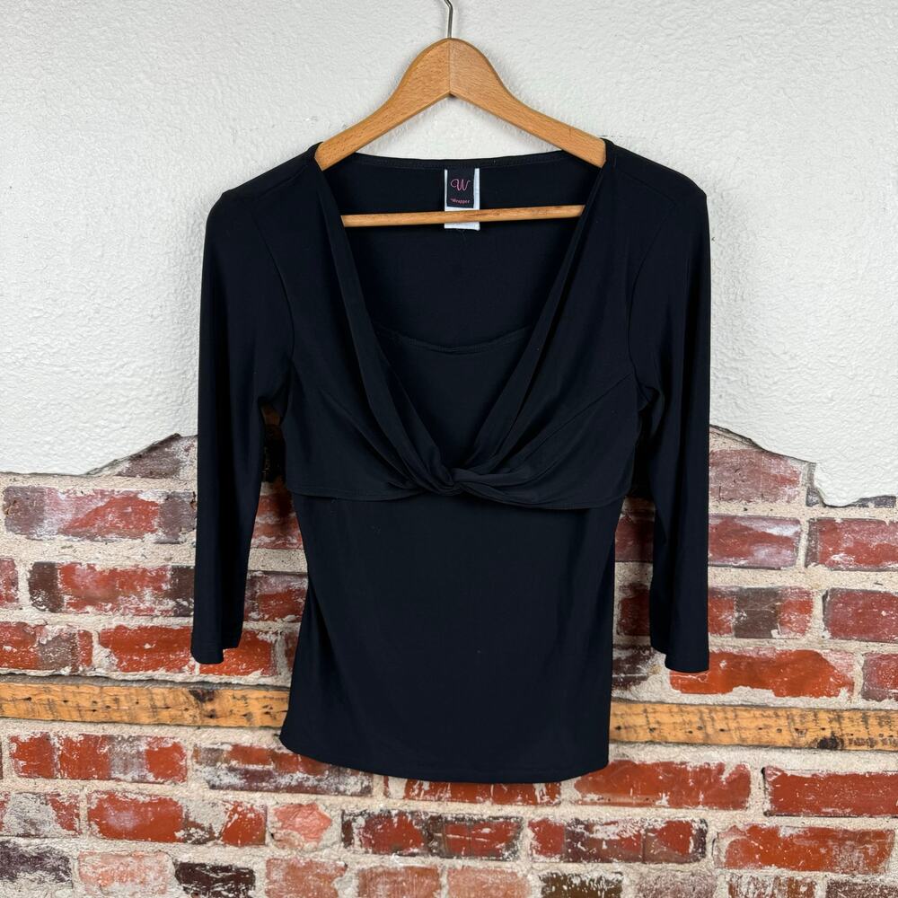 Vintage Wrapper Shirt Size Large Black Half Sleeve Twist Front Blouse Cute Y2K